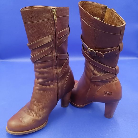 UGG AUSTRALIA SN 5454 CAROLINE BROWN LEATHER ZIP MID-CALF BOOTS size US 7 - Picture 2 of 7